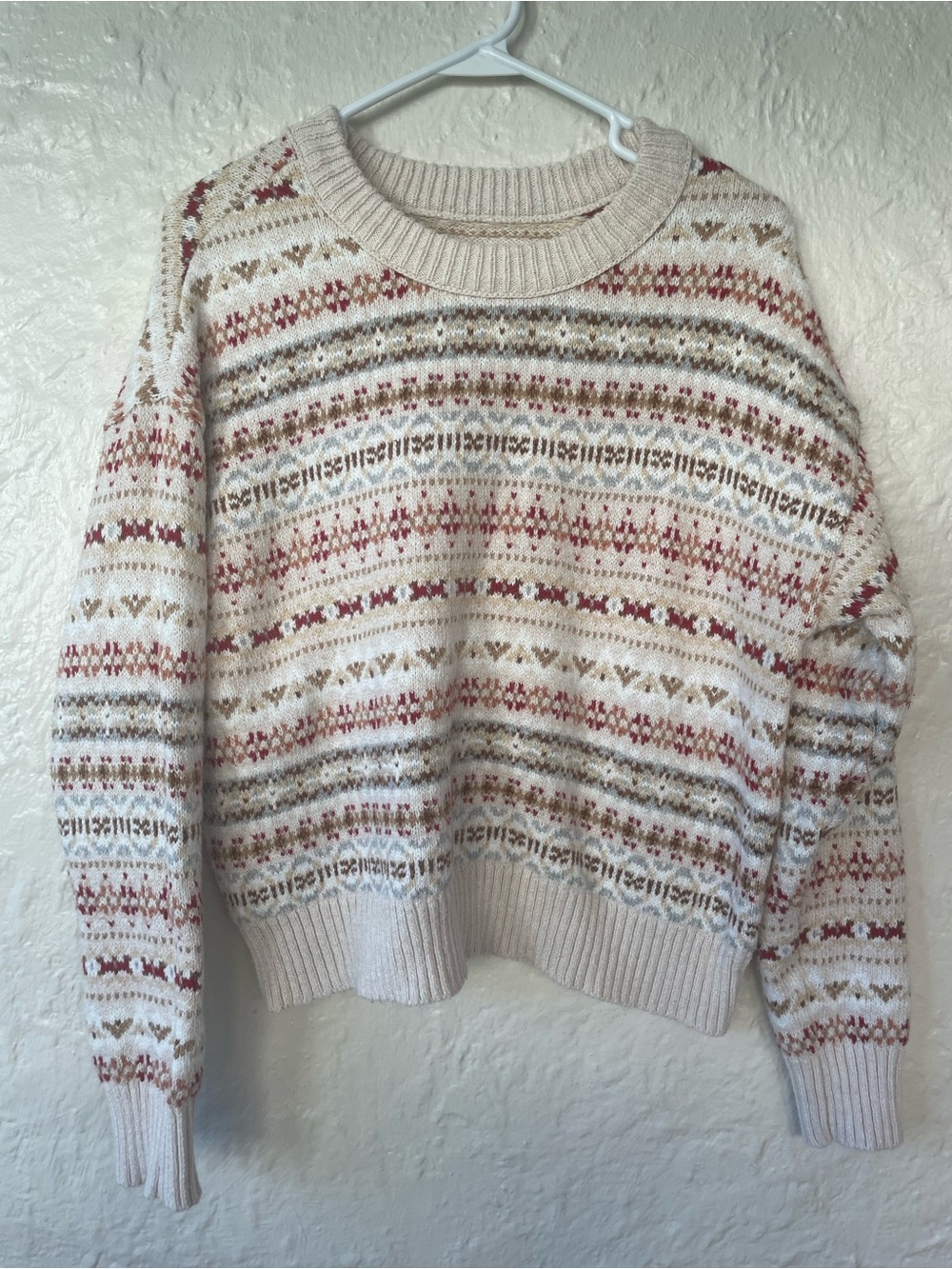 Vintage Fair Crewneck Isle Nordic Knit Sweater Cream Burgundy Cozy Cottagecore;M